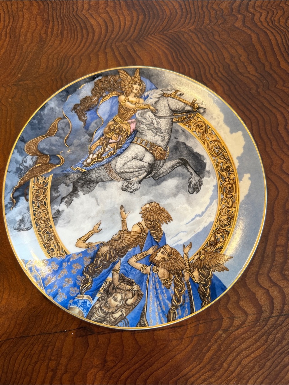 Decorative Collectible Plate with Blue, Gold & White Mythical Scene